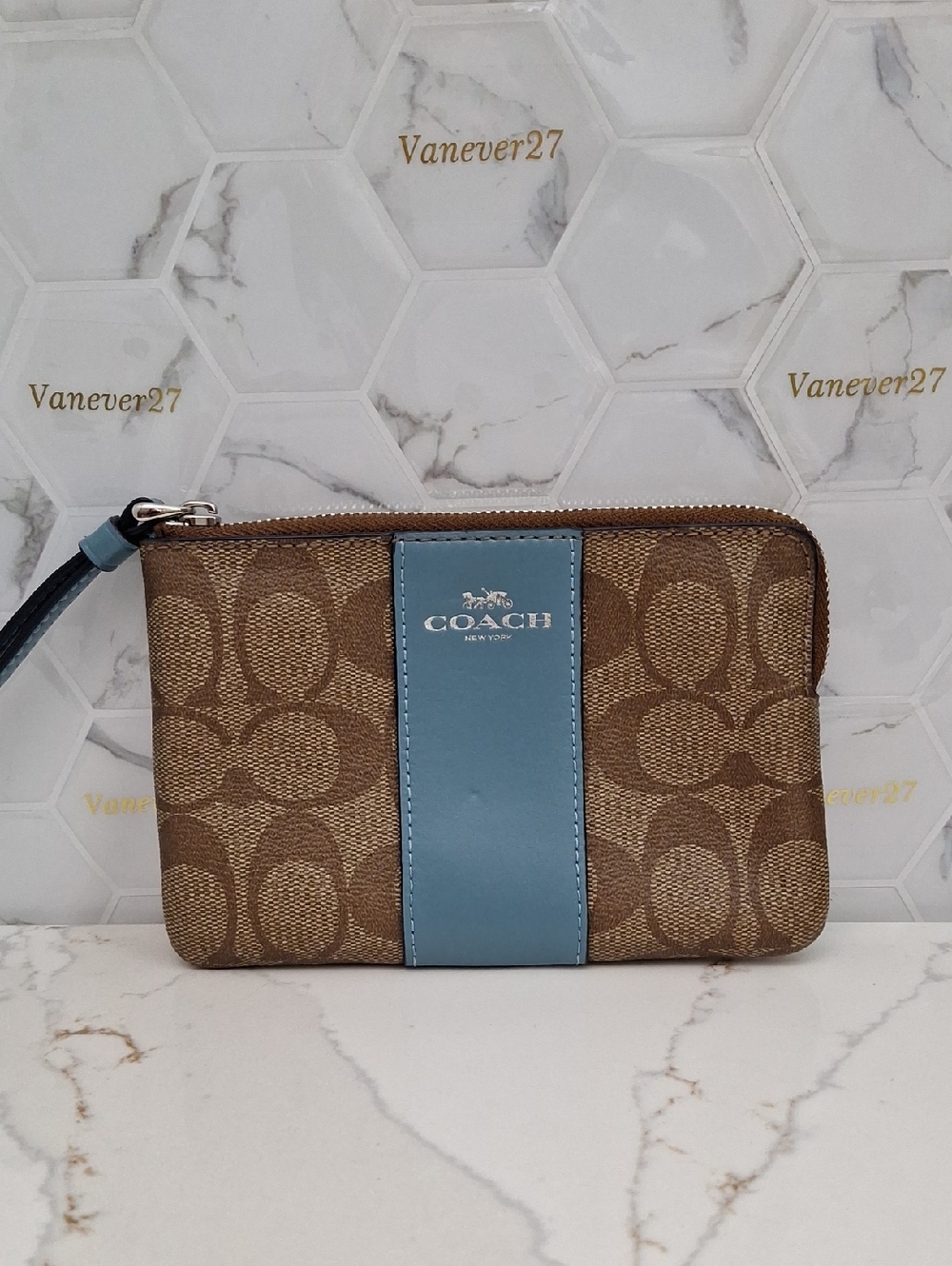 Coach Corner Zip Wristlet in Signature Canvas with Light Blue Leather Trim
